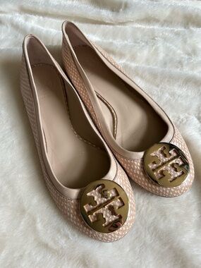 Tory Burch reva flat polka dot snake spring dune womens 10 gold logo